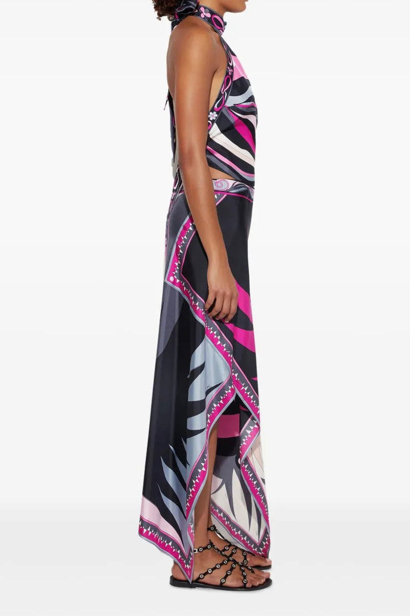 Satin Printed Halter Backless Skirt Set