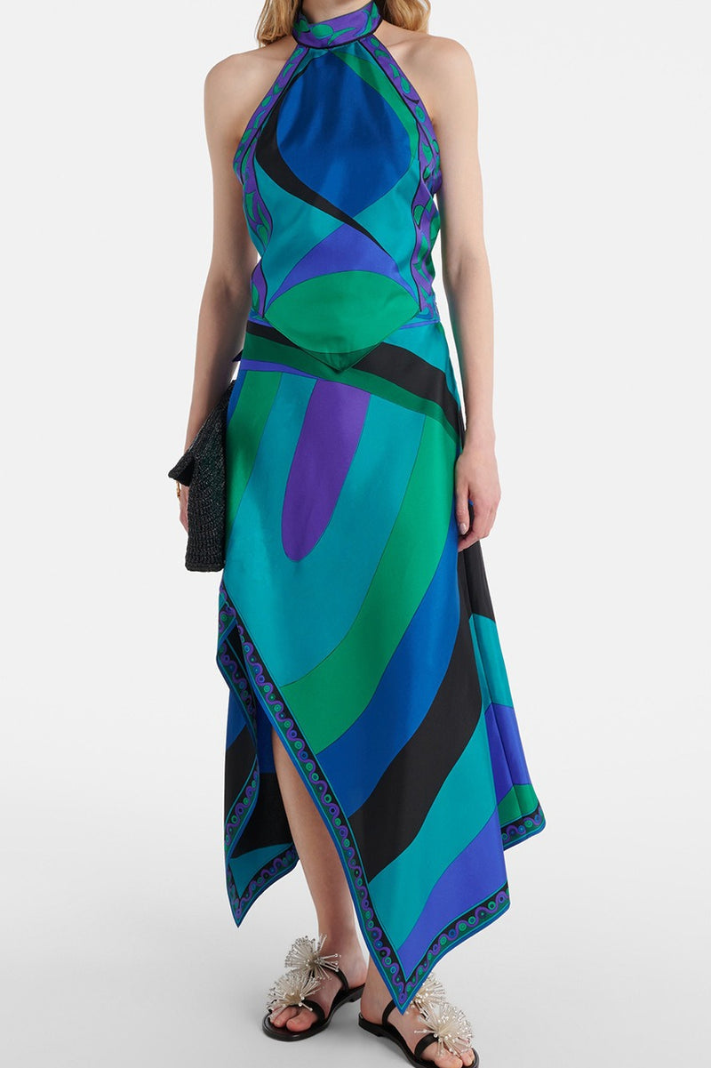 Satin Printed Halter Backless Skirt Set