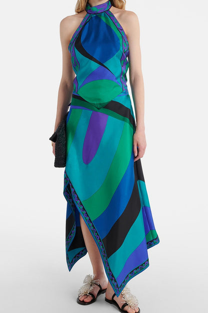 Satin Printed Halter Backless Skirt Set