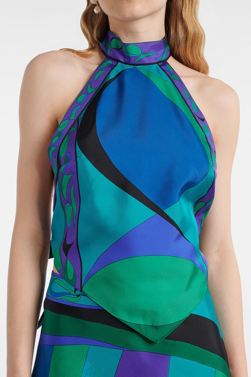 Satin Printed Halter Backless Skirt Set