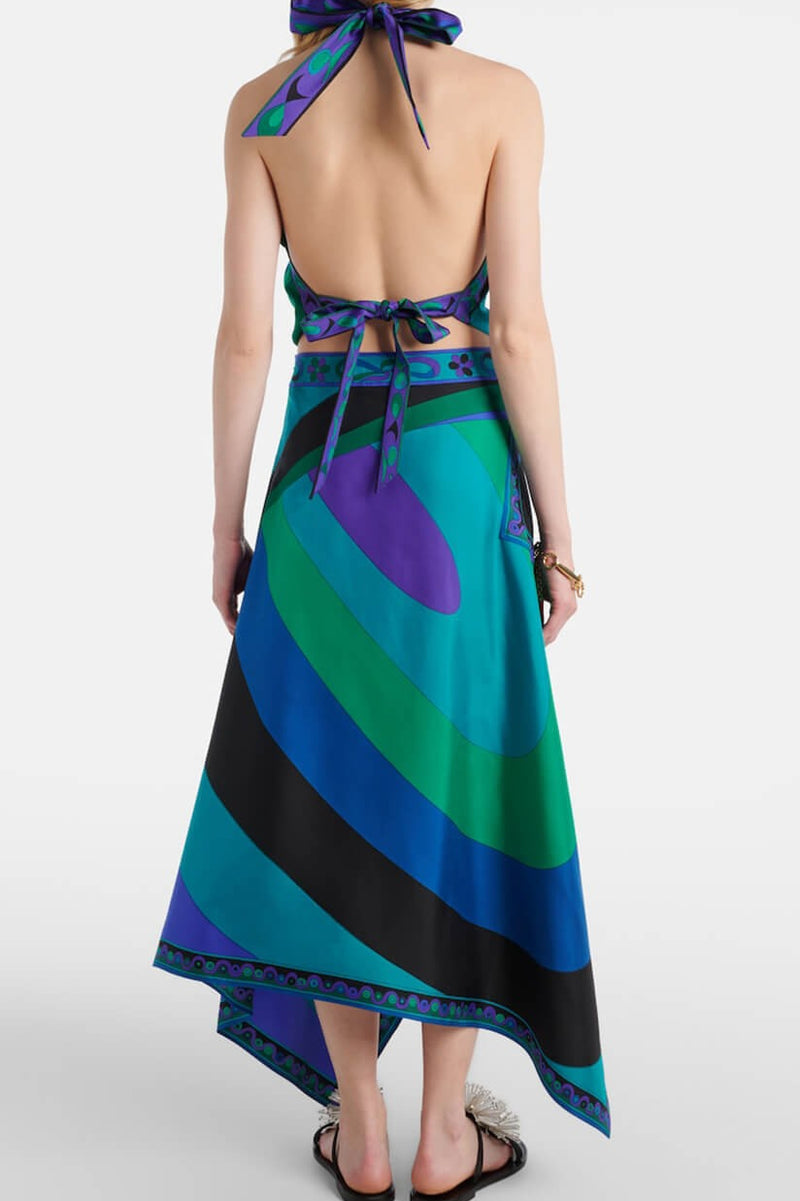 Satin Printed Halter Backless Skirt Set