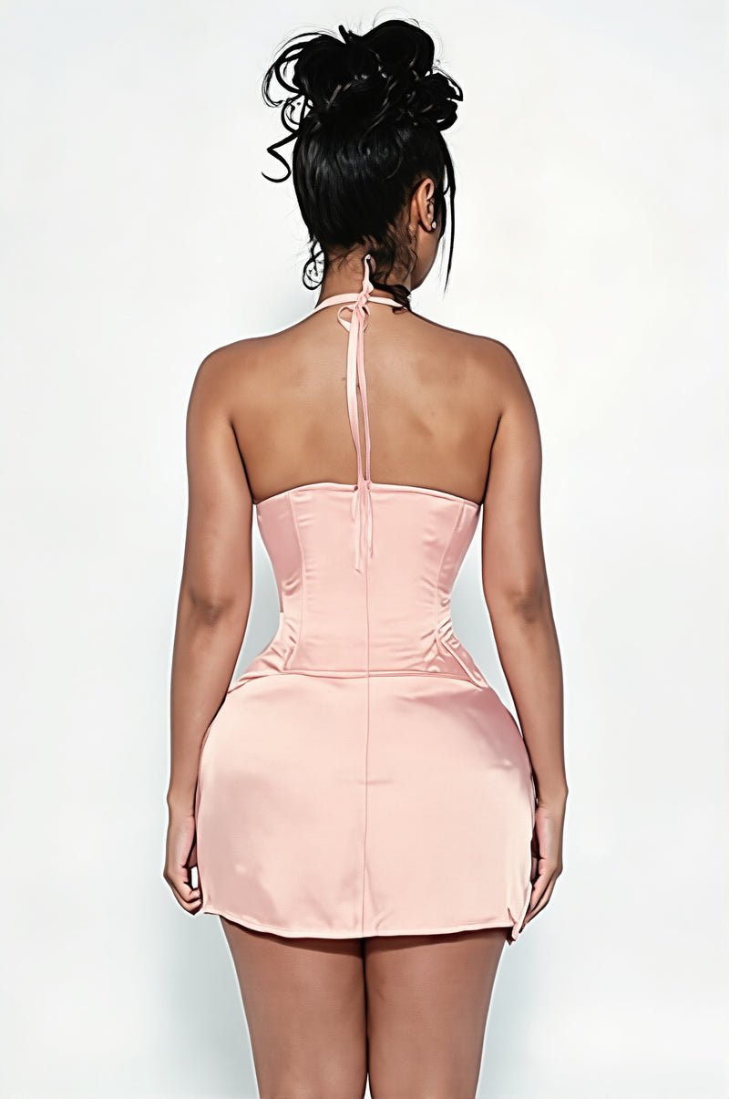 Satin Solid Halter Cinched Waist Mini Dress