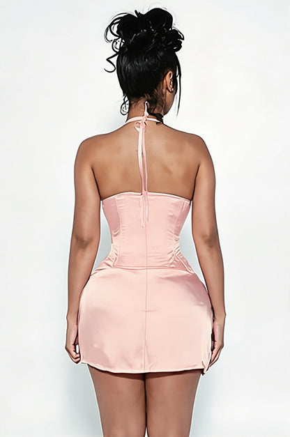 Satin Solid Halter Cinched Waist Mini Dress