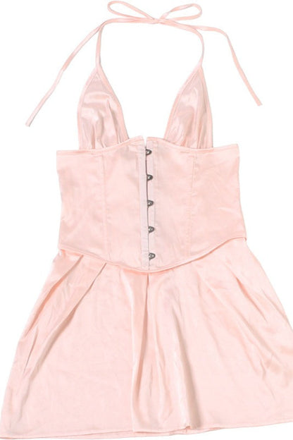 Satin Solid Halter Cinched Waist Mini Dress