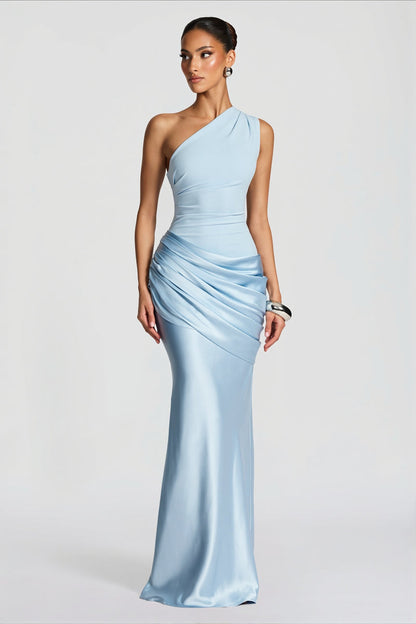 Satin Splice Ruched Slim Maxi Dress