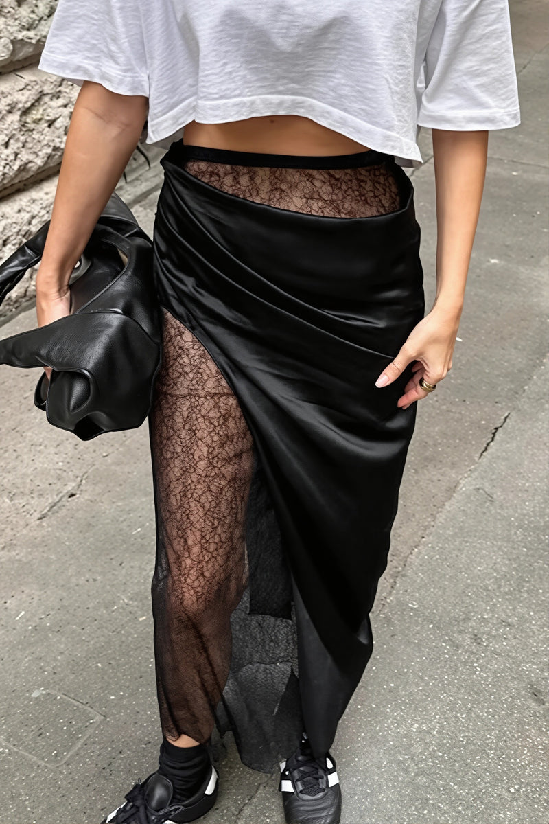 Satin Wrap Lace Slit Asymmetrical Skirt