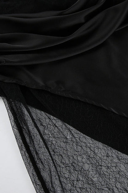 Satin Wrap Lace Slit Asymmetrical Skirt