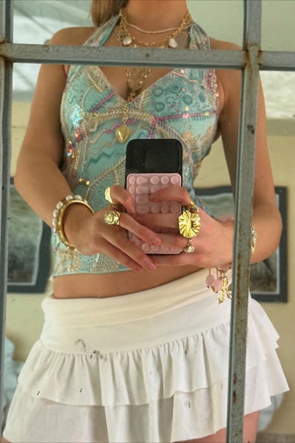 Sequin V Neck Tie Back Halter Top