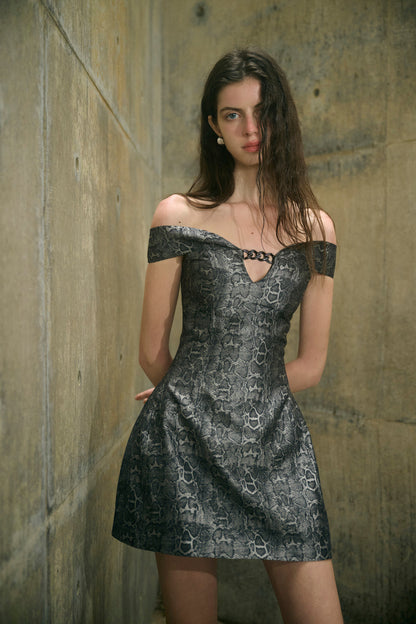 Serpent print off-shoulder dress