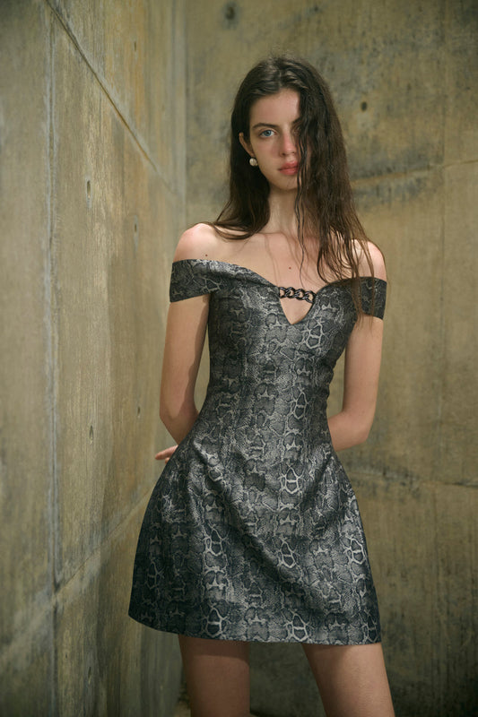 Serpent print off-shoulder dress