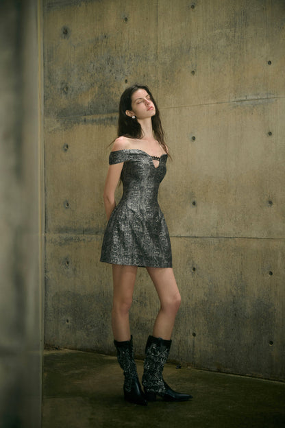 Serpent print off-shoulder dress