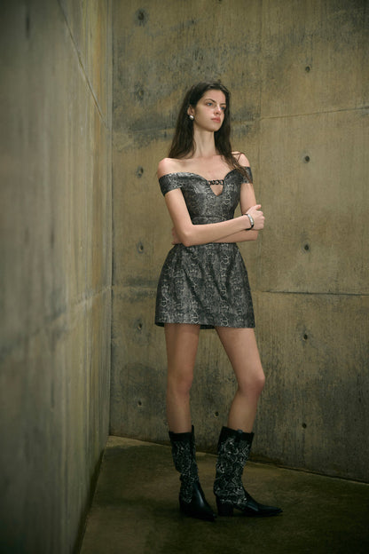 Serpent print off-shoulder dress