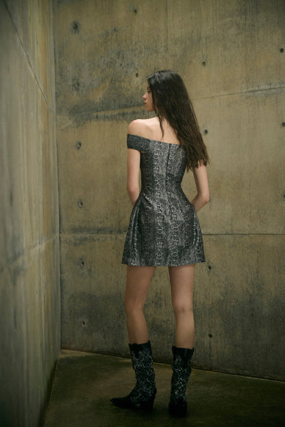 Serpent print off-shoulder dress