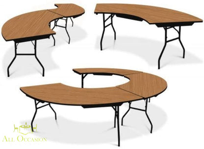 Serpentine Table Rental featuring flexible curved designs for buffets, bars, and displays.