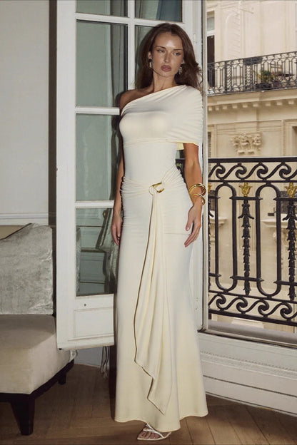 Sexy Asymmetrical Shoulder Tie Wrap Bodycon Maxi Dress