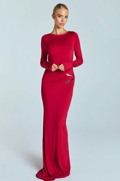 Sexy Backless Metal Decor Round Neck Sleeve Maxi Dress