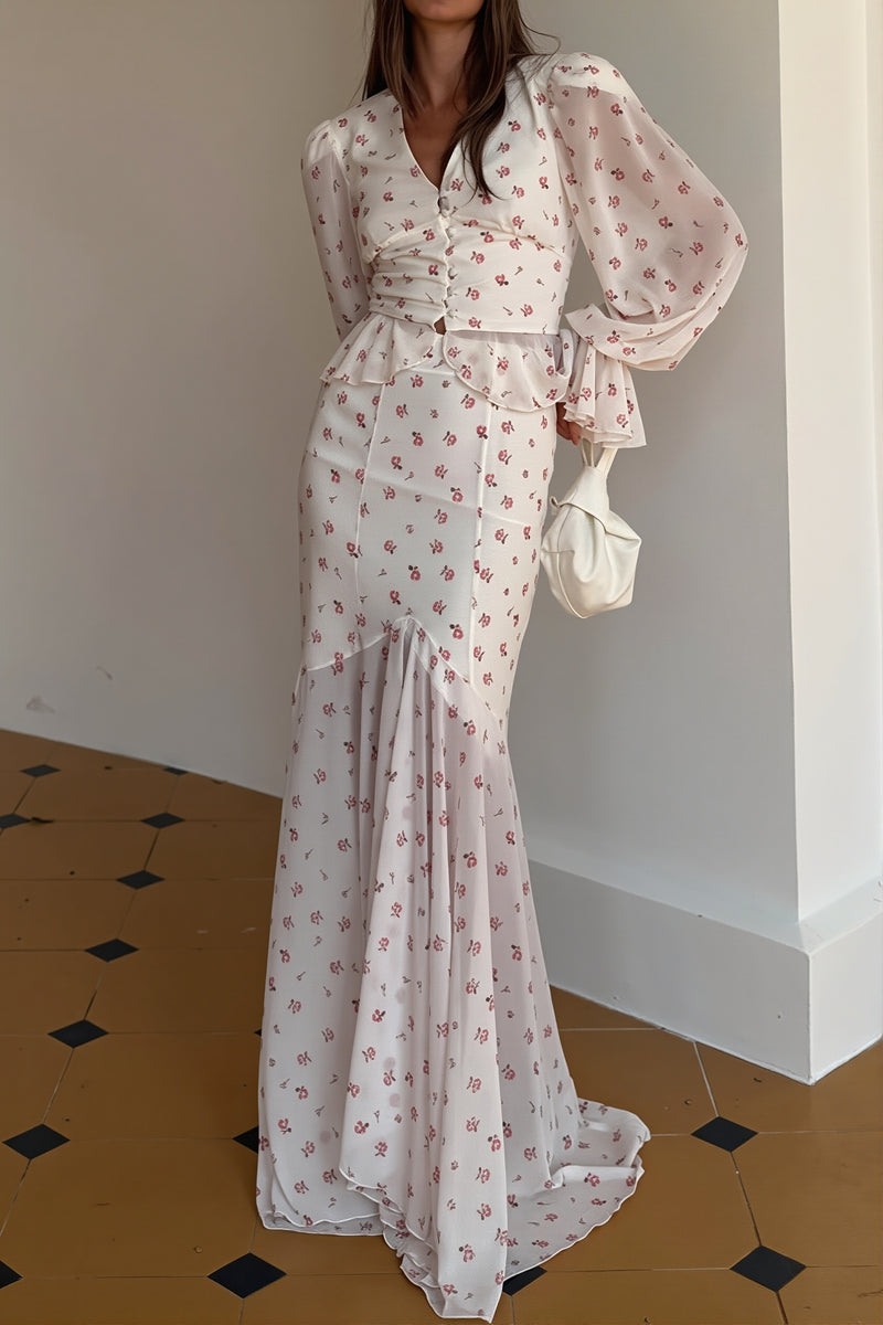 Sexy Chiffon V Neck Ruffle Sleeve Bodycon Skirt Sets