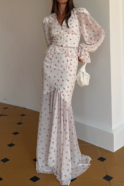 Sexy Chiffon V Neck Ruffle Sleeve Bodycon Skirt Sets