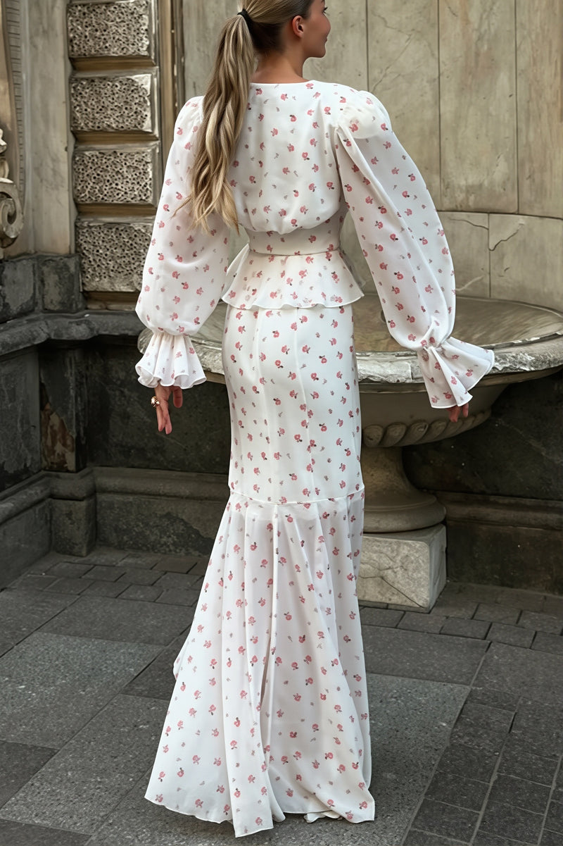 Sexy Chiffon V Neck Ruffle Sleeve Bodycon Skirt Sets