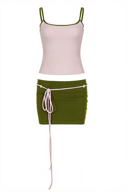 Sexy Contrast Panel Shirred Cami Low Rise Skirt Sets