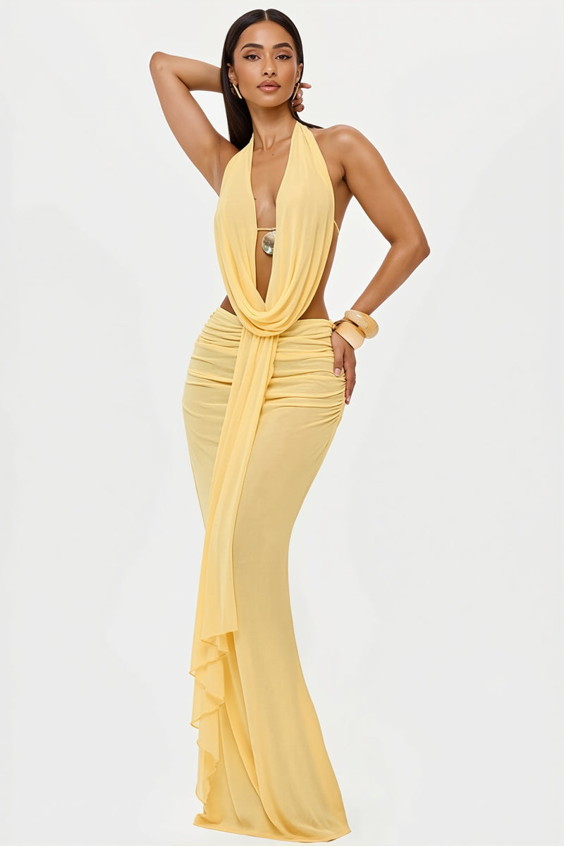 Sexy Cowl Neck Ruched Halter Backless Crop Top Skirt Sets