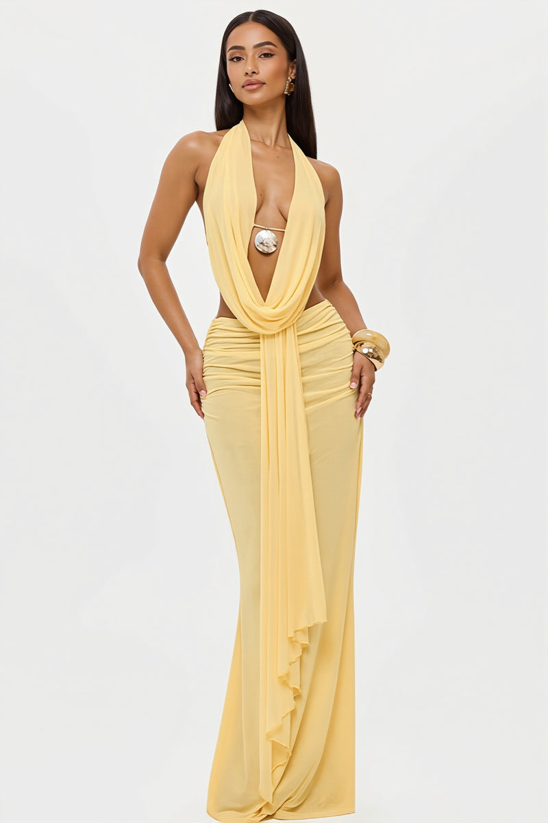 Sexy Cowl Neck Ruched Halter Backless Crop Top Skirt Sets