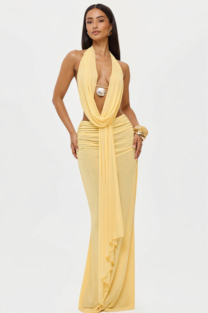 Sexy Cowl Neck Ruched Halter Backless Crop Top Skirt Sets