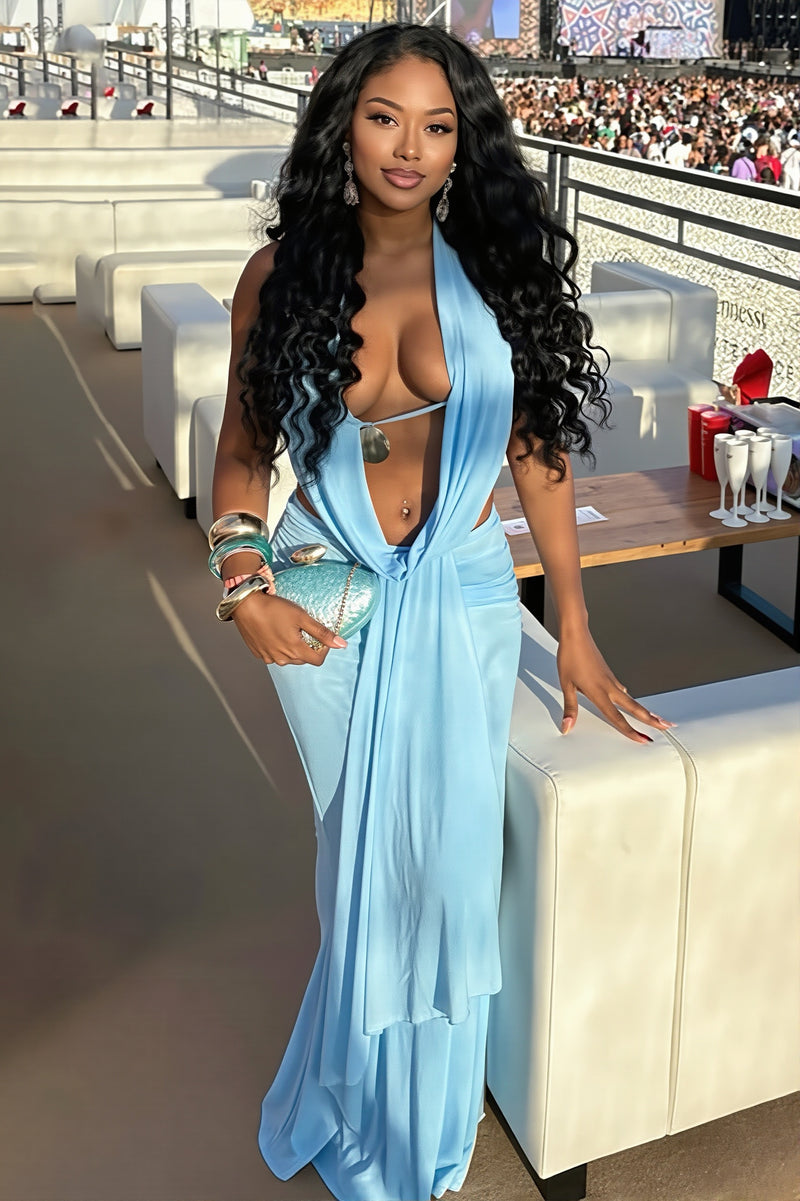 Sexy Cowl Neck Ruched Halter Backless Crop Top Skirt Sets