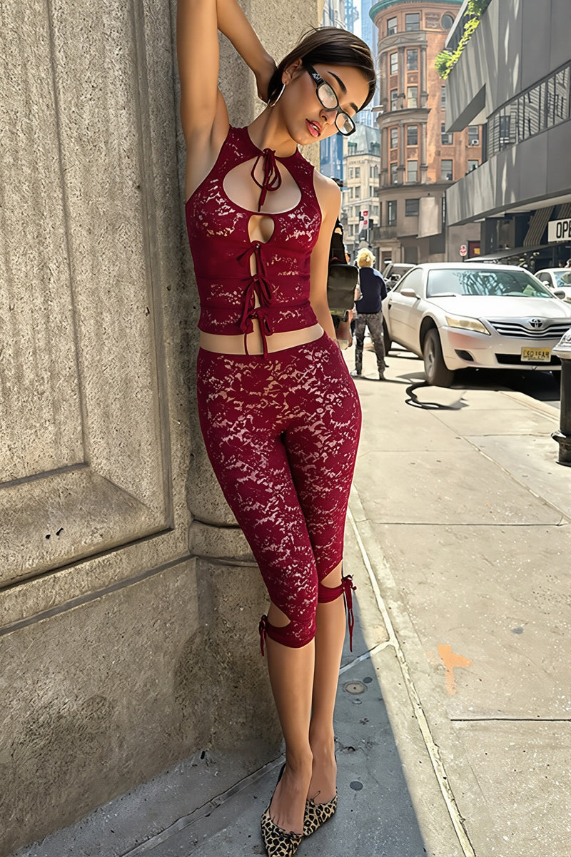 Sexy Cutout Lace Tie Two Piece Set