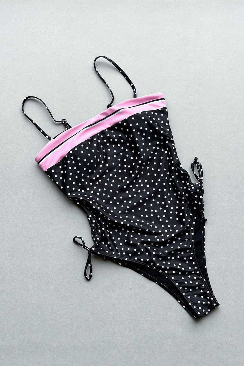 Sexy Dot Print Lace Trim Cut Out One Piece Swimwear