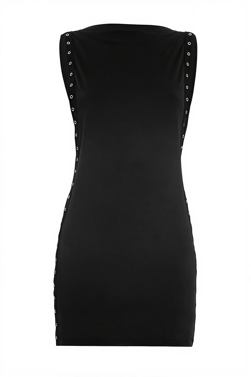 Sexy Eyelet Lace Up Crew Neck Solid Mini Dress