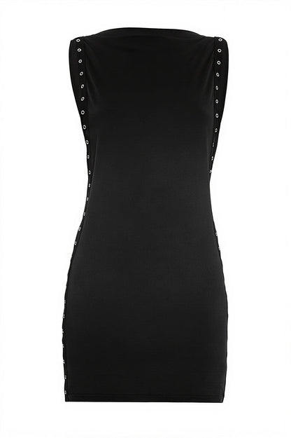 Sexy Eyelet Lace Up Crew Neck Solid Mini Dress