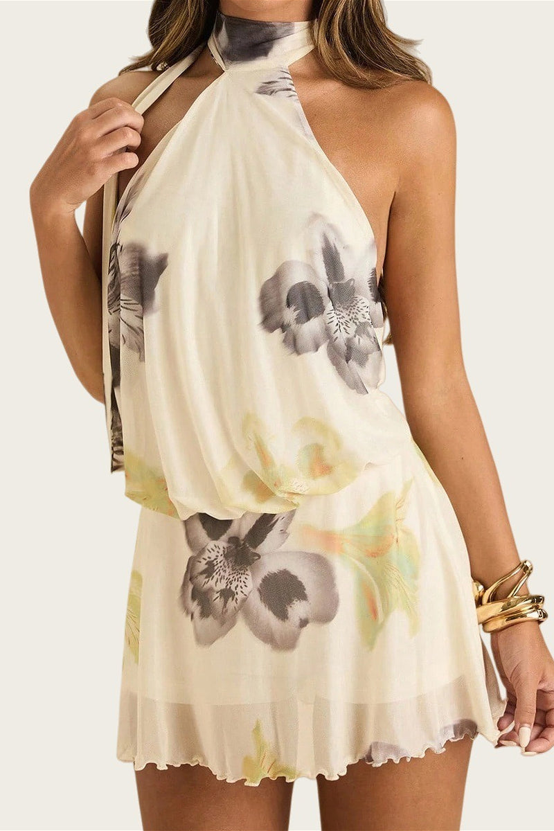 Sexy Floral Halter Backless Tie Mini Dress