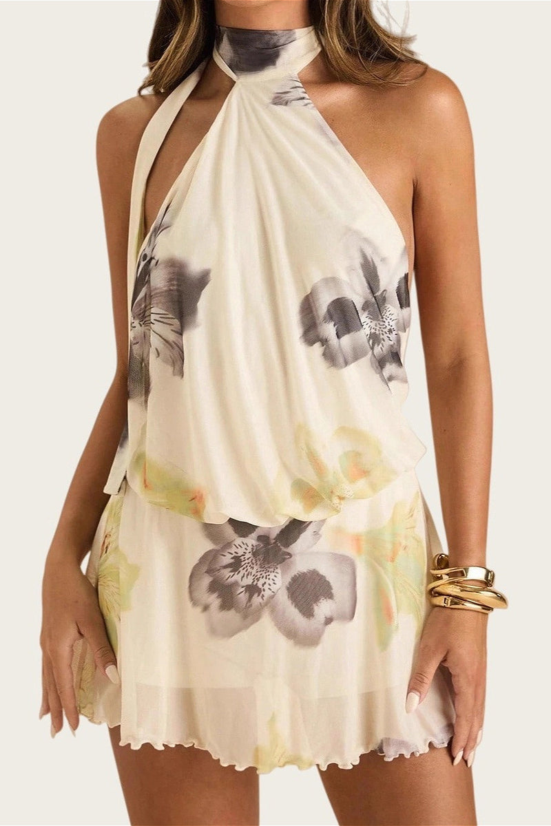 Sexy Floral Halter Backless Tie Mini Dress