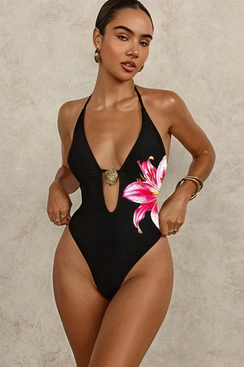 Sexy Floral Print Bikini Halter Deep V One Piece Swimwear