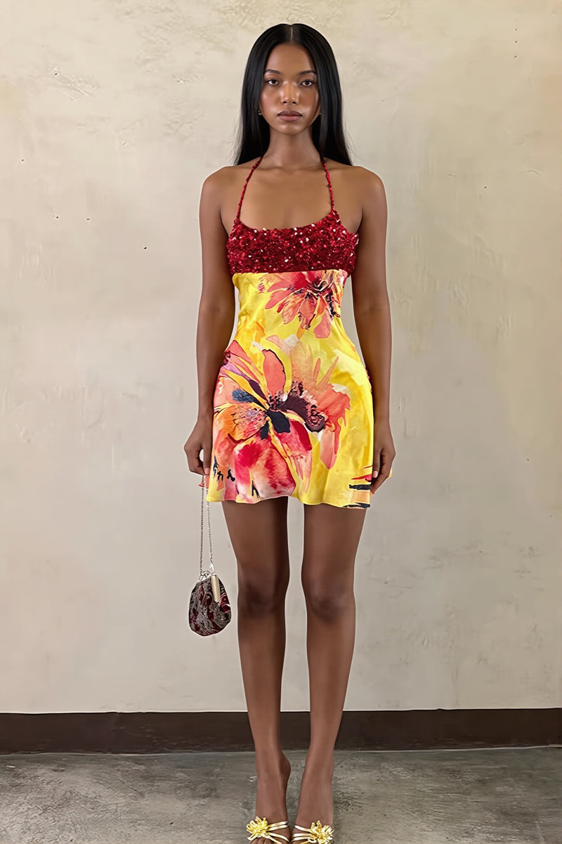 Sexy Floral Print Draped Cowl Neck Off Shoulder Mini Dress