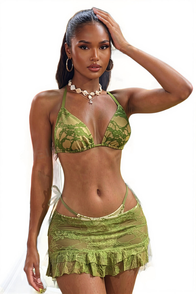 Sexy Green Lace Bikini With Cover Three Piece Swim Sets