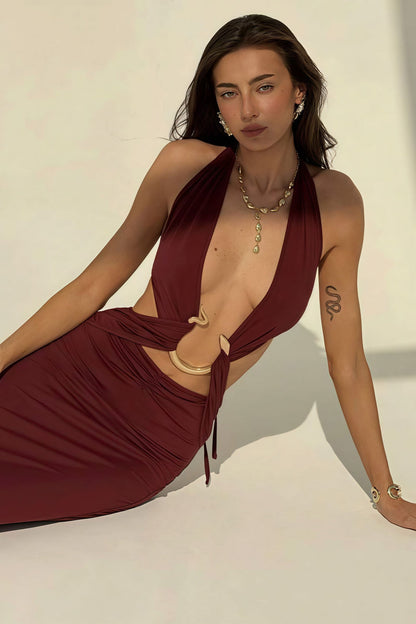 Sexy Halter Deep V Neck Backless Metal Maxi Dress