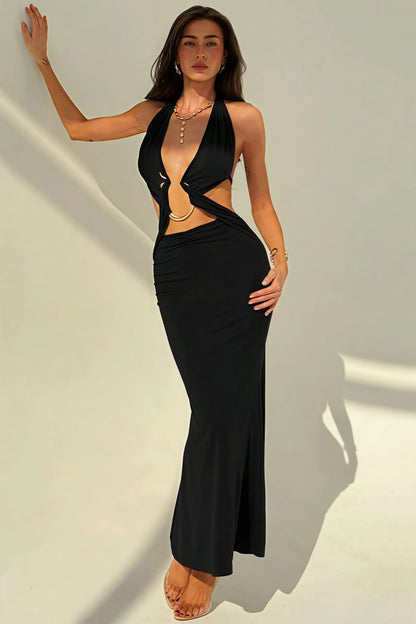 Sexy Halter Deep V Neck Backless Metal Maxi Dress