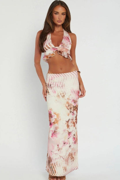 Sexy Halter Floral Print Skirt Set