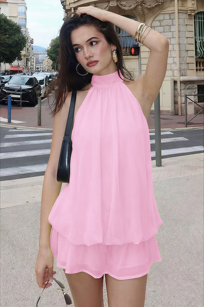 Sexy Halter Neck Backless Solid Color Waist Cinching Puffy Mini Dress