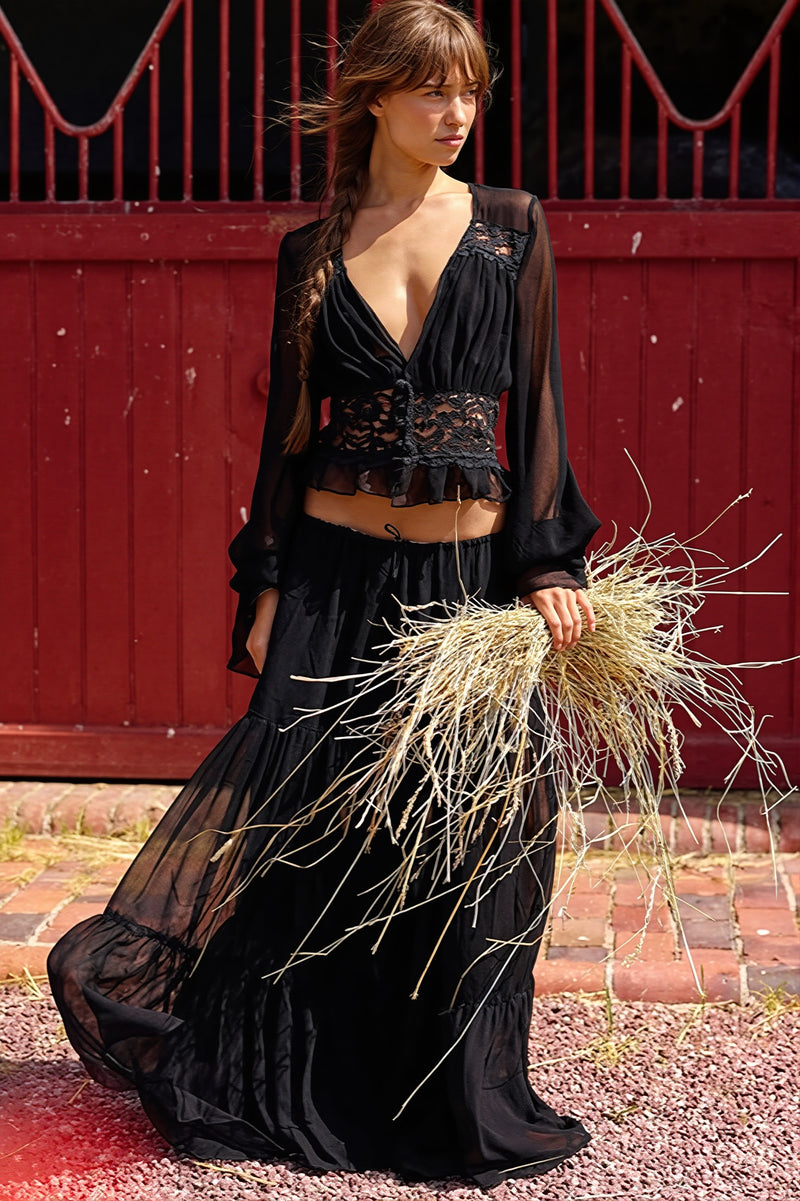 Sexy Lace Chiffon Open Front Wrap Maxi Dress
