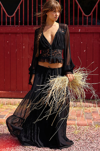 Sexy Lace Chiffon Open Front Wrap Maxi Dress