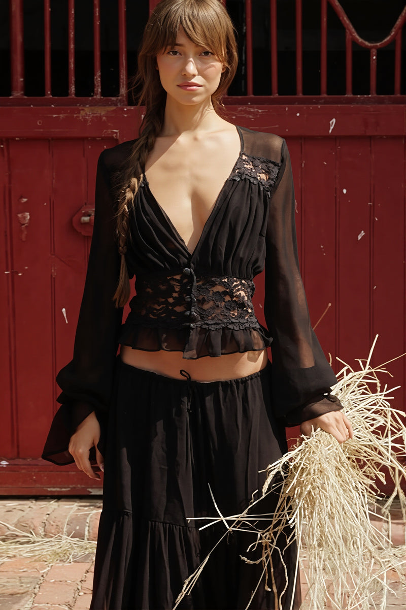 Sexy Lace Chiffon Open Front Wrap Maxi Dress