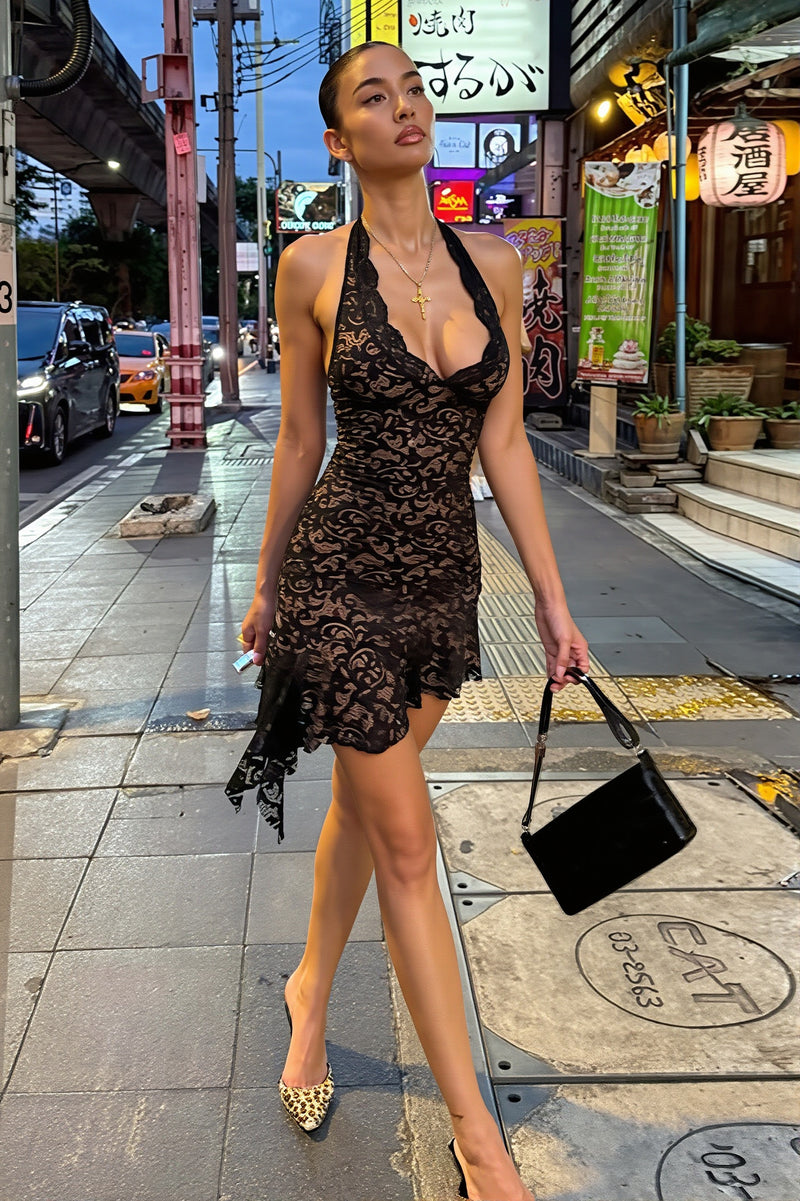 Sexy Lace Deep V Halter Open Back Ribbon Tie Mini Dress
