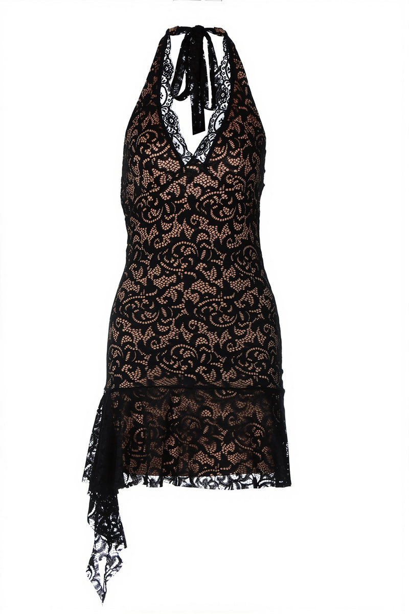 Sexy Lace Deep V Halter Open Back Ribbon Tie Mini Dress