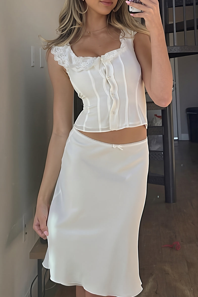 Sexy Lace Edge Wide Strap Crop Top Low Rise Fish Tail Skirt Sets