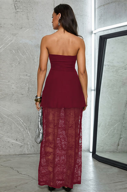 Sexy Lace Insert Strapless Two Piece Set Maxi Dress