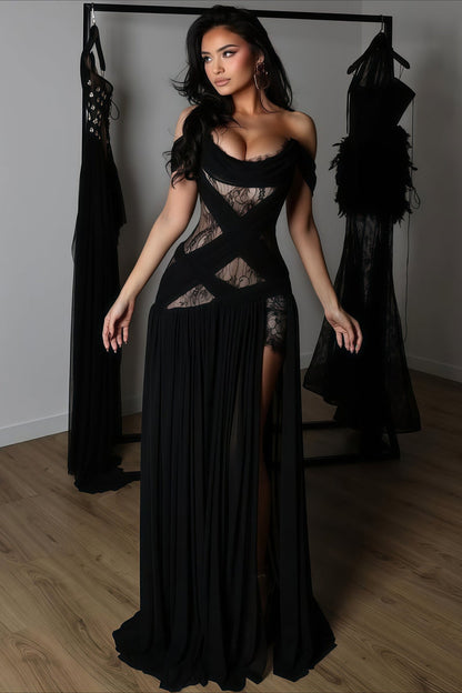 Sexy Lace Patchwork Cutout Sheer Slit Maxi Dress