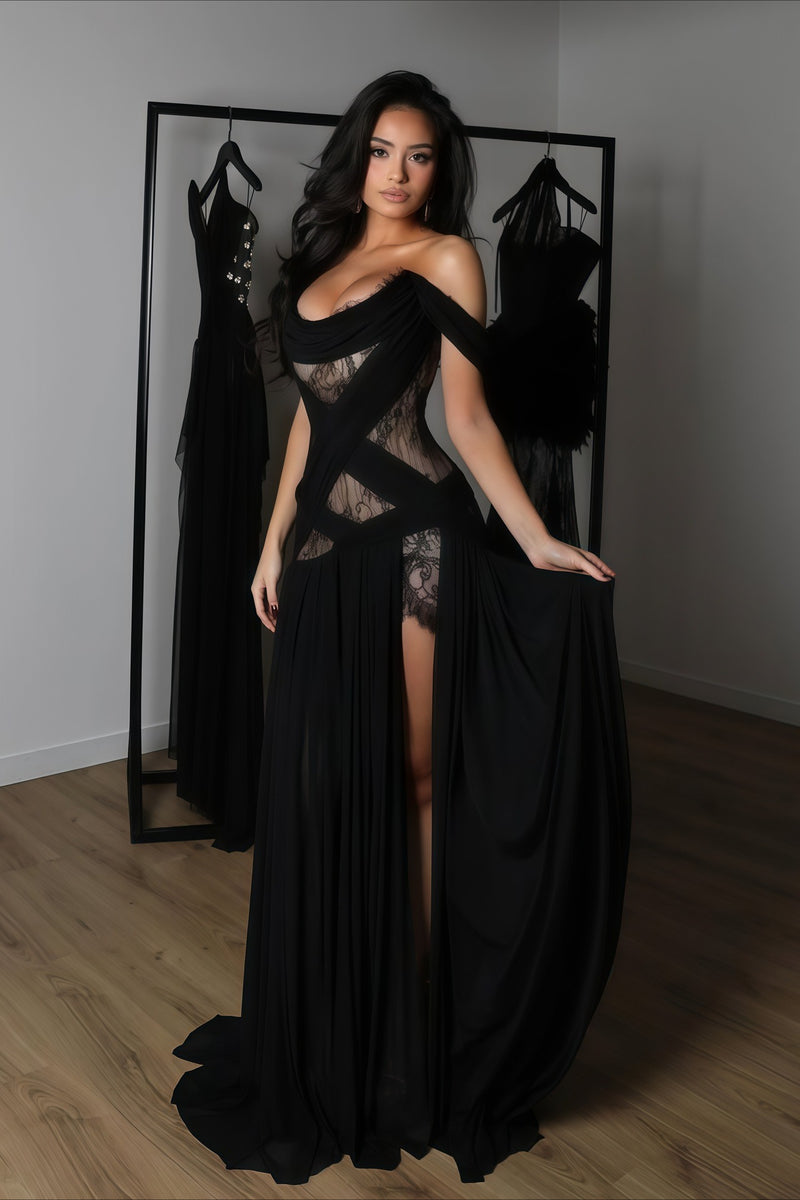 Sexy Lace Patchwork Cutout Sheer Slit Maxi Dress